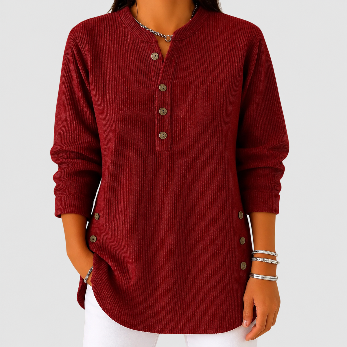 Gwendolyn-Claire | Women’s Ribbed Button-Placket Pullover — Red