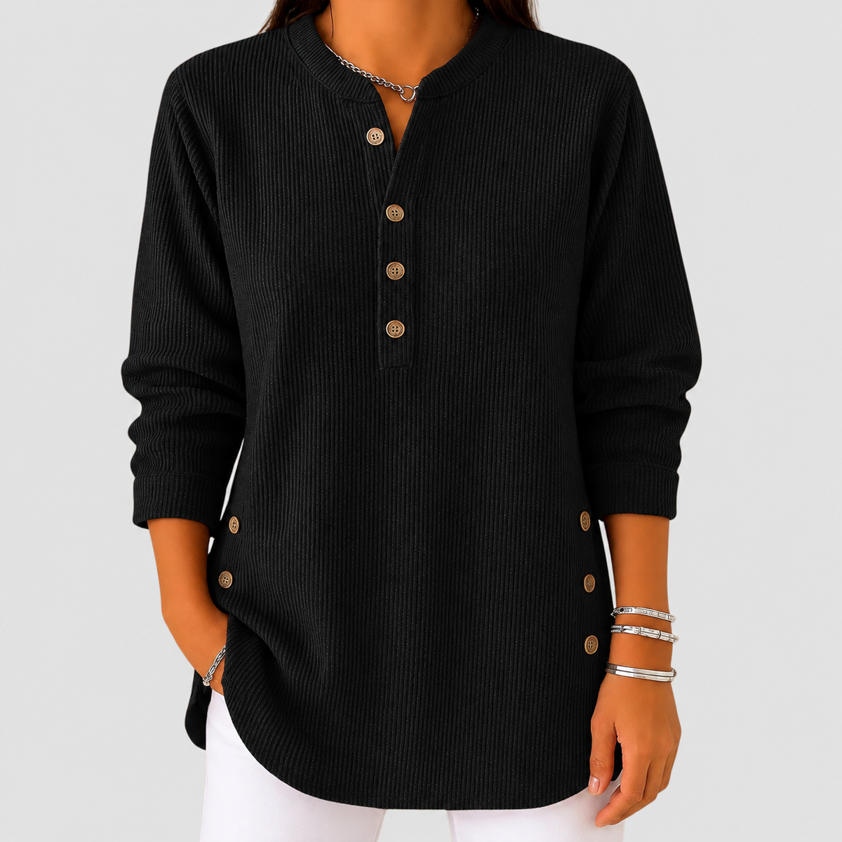 Gwendolyn-Claire | Women’s Ribbed Button-Placket Pullover — Black