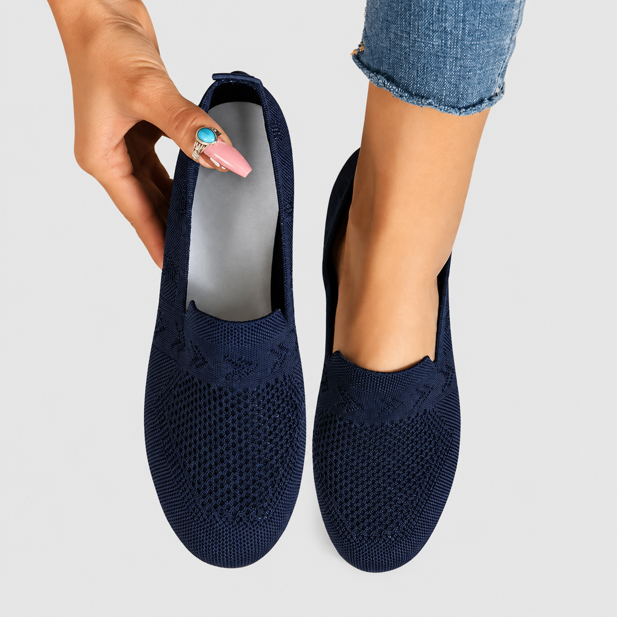Hannelore | Women’s Textured Knit Slip-On Loafers — Dark Blue