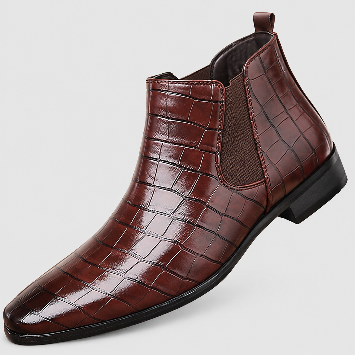 Harwin | Men’s Croc-Embossed Chelsea Boots — Dark Brown