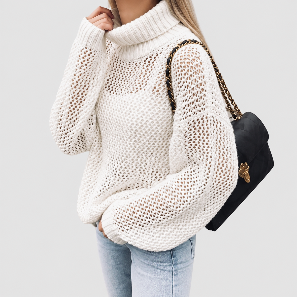 Helena | Women’s Oversized Chunky Knit Balloon-Sleeve Turtleneck Sweater — White