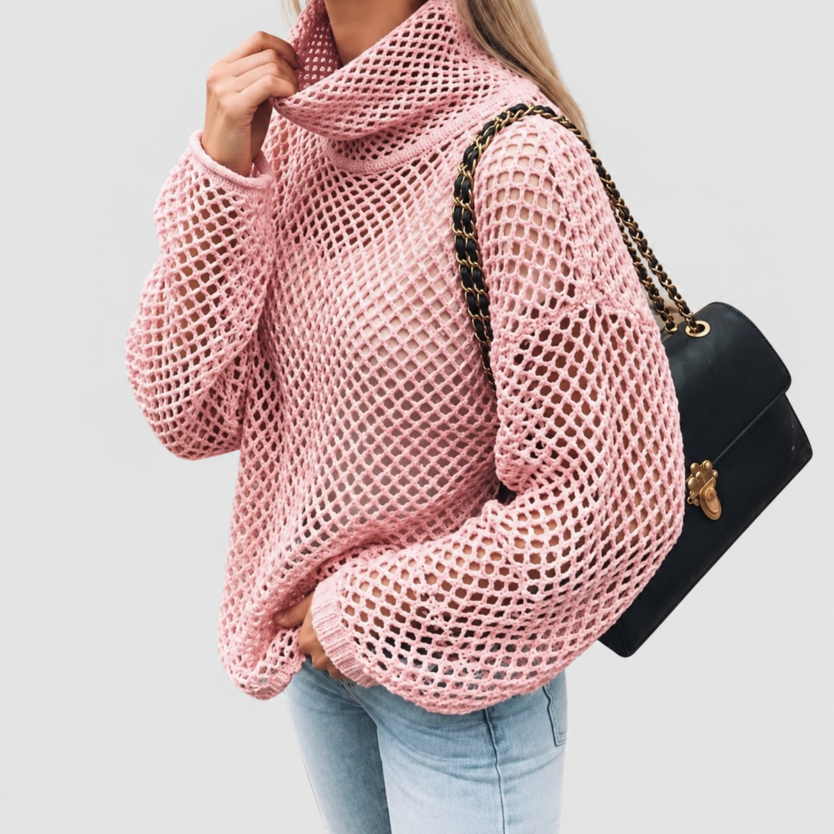 Helena | Women’s Oversized Chunky Knit Balloon-Sleeve Turtleneck Sweater — Pink