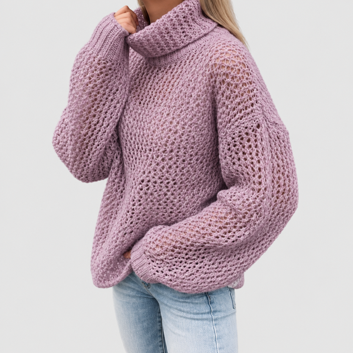 Helena | Women’s Oversized Chunky Knit Balloon-Sleeve Turtleneck Sweater — Purple