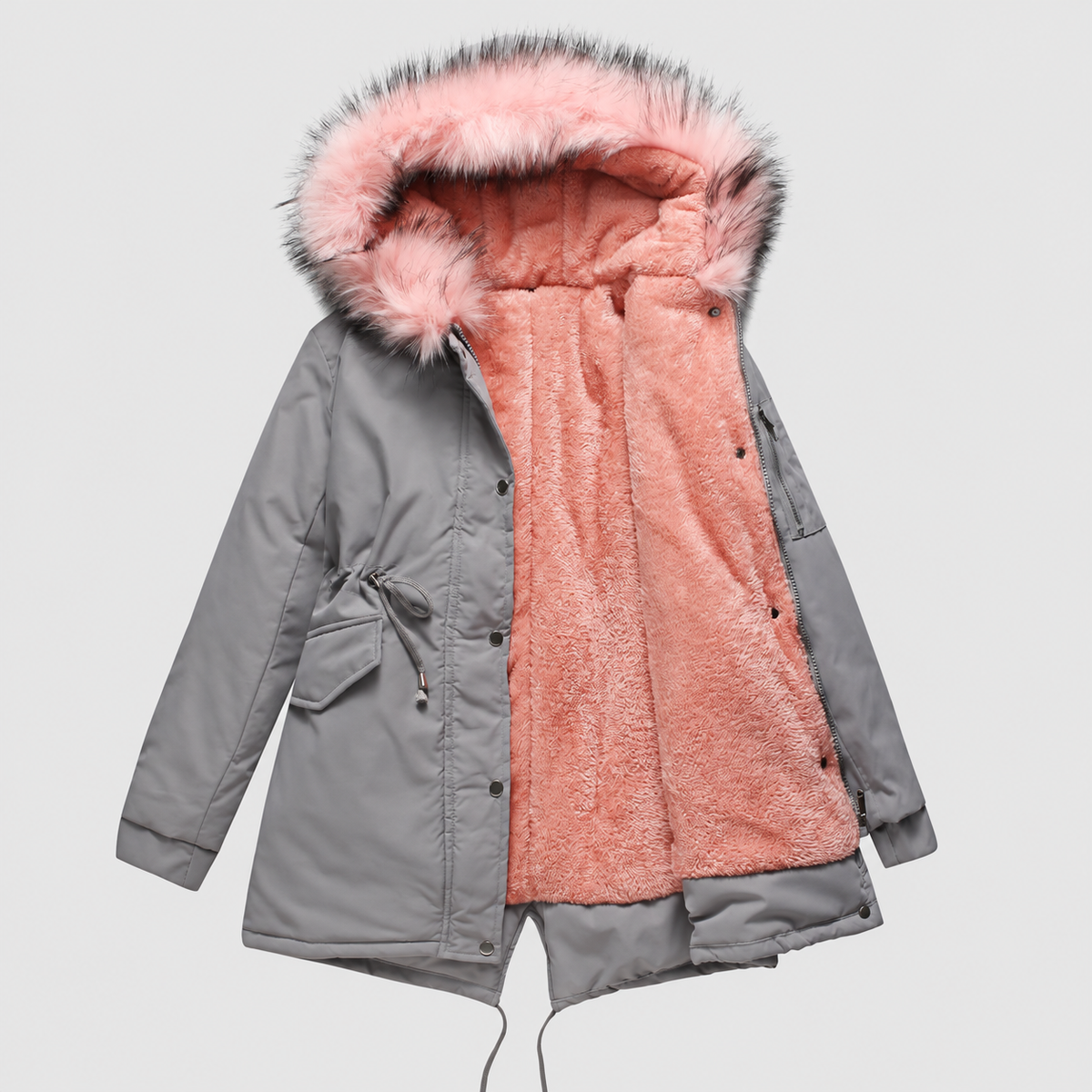 Henrietta-Claire | Women’s Hooded Drawstring-Waist Parka — Grey-Pink