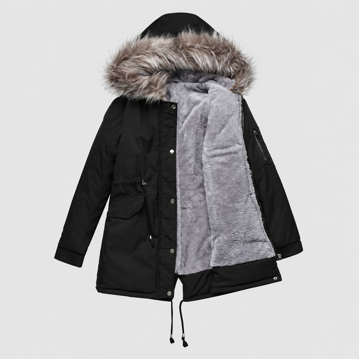 Henrietta-Claire | Women’s Hooded Drawstring-Waist Parka — Black