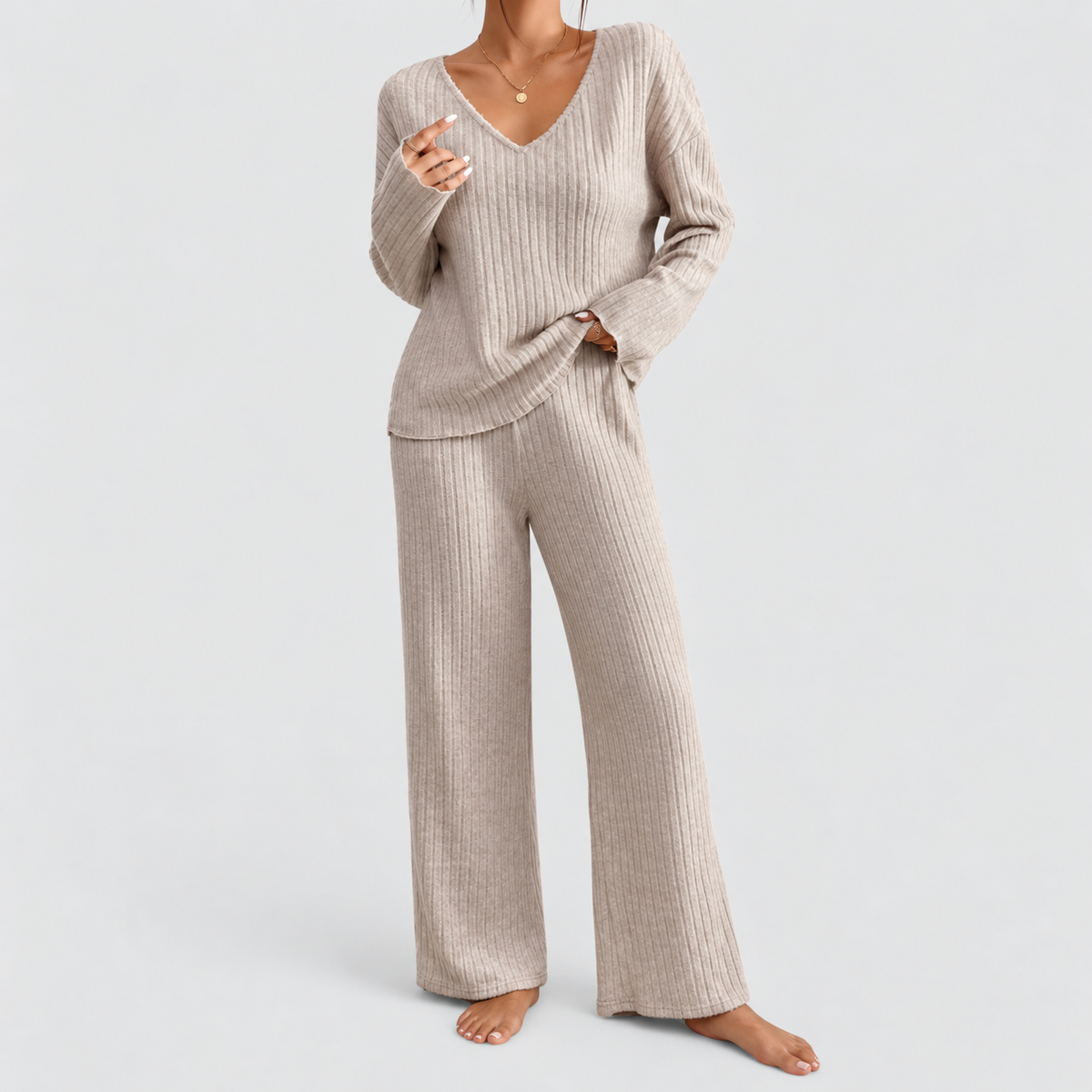 Hollina | Women’s Ribbed Knit Wide-Leg Lounge Set — Beige