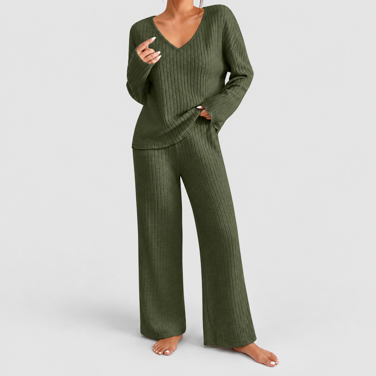 Hollina | Women’s Ribbed Knit Wide-Leg Lounge Set — Green
