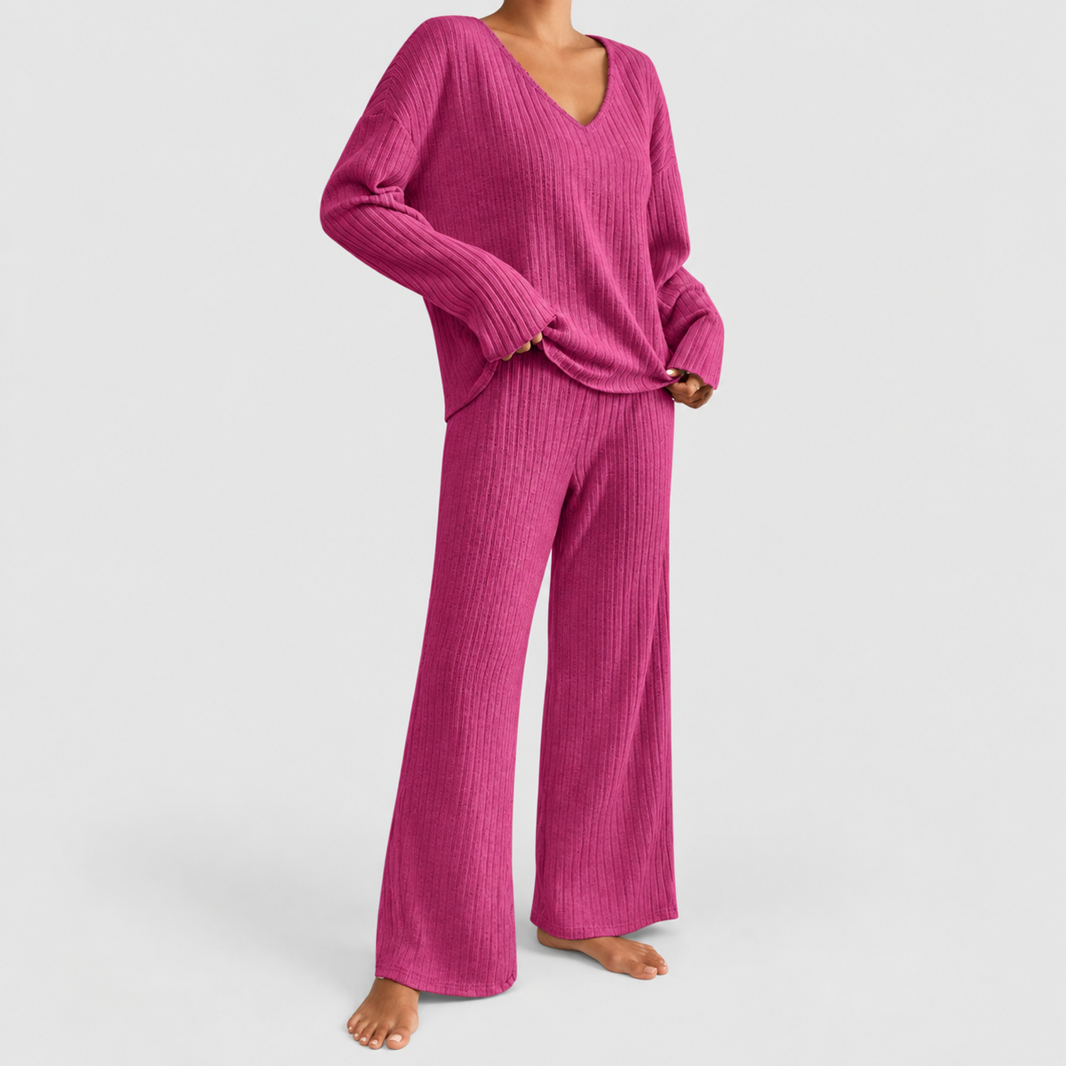 Hollina | Women’s Ribbed Knit Wide-Leg Lounge Set — Pink