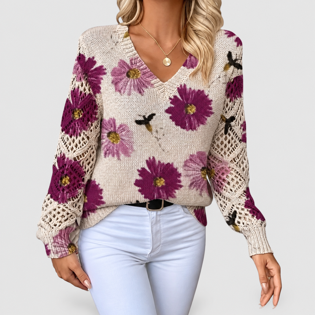 Honoria | Women’s V-Neck Floral Long-Sleeve Sweater — product detail 2