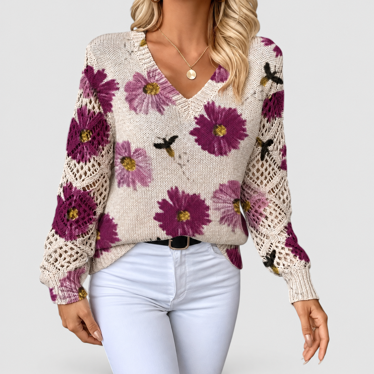 Honoria | Women’s V-Neck Floral Long-Sleeve Sweater — Purple