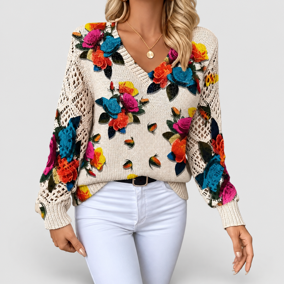 Honoria | Women’s V-Neck Floral Long-Sleeve Sweater — Red/Blue