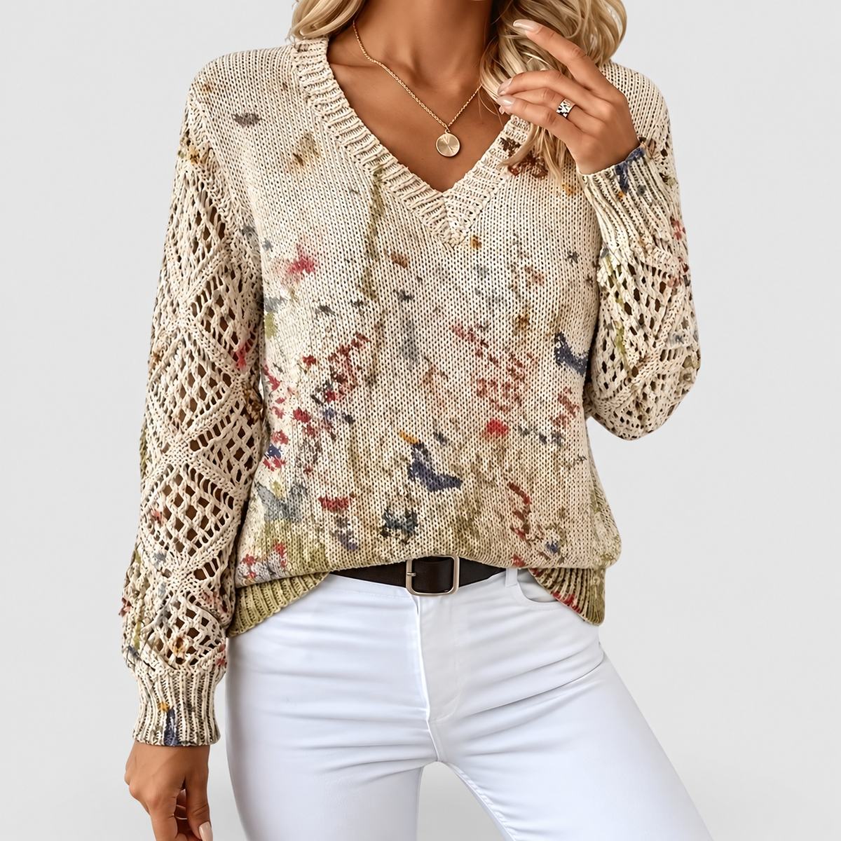 Honoria | Women’s V-Neck Floral Long-Sleeve Sweater — Beige