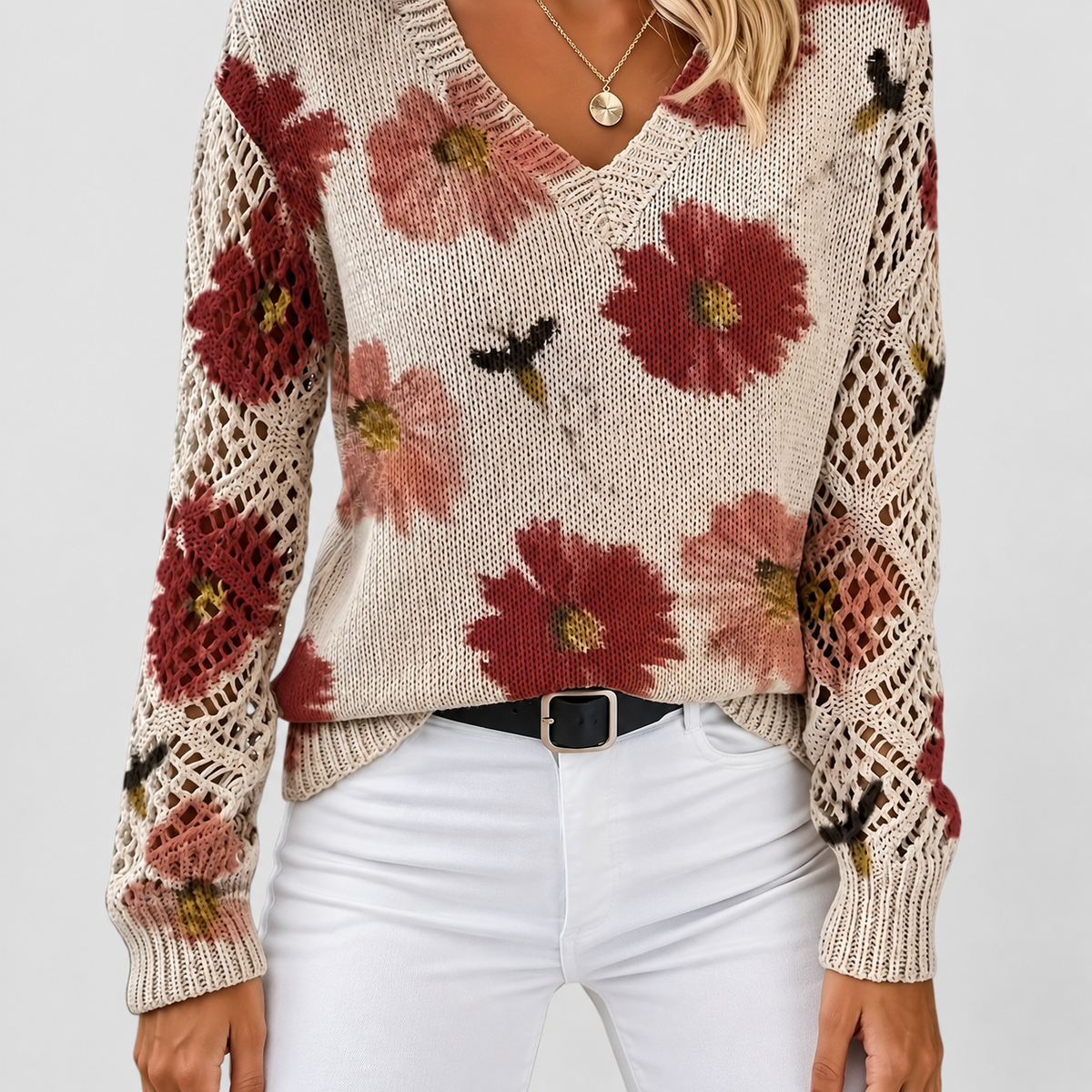 Honoria | Women’s V-Neck Floral Long-Sleeve Sweater — product detail 13