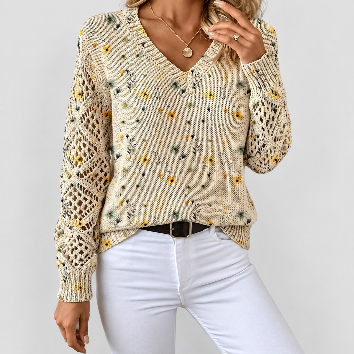 Honoria | Women’s V-Neck Floral Long-Sleeve Sweater — product detail 18