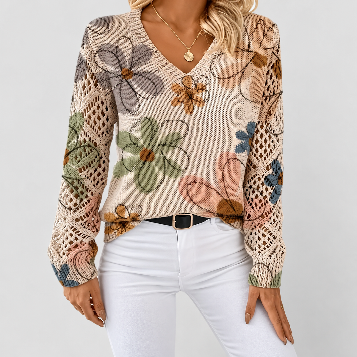 Honoria | Women’s V-Neck Floral Long-Sleeve Sweater — product detail 19