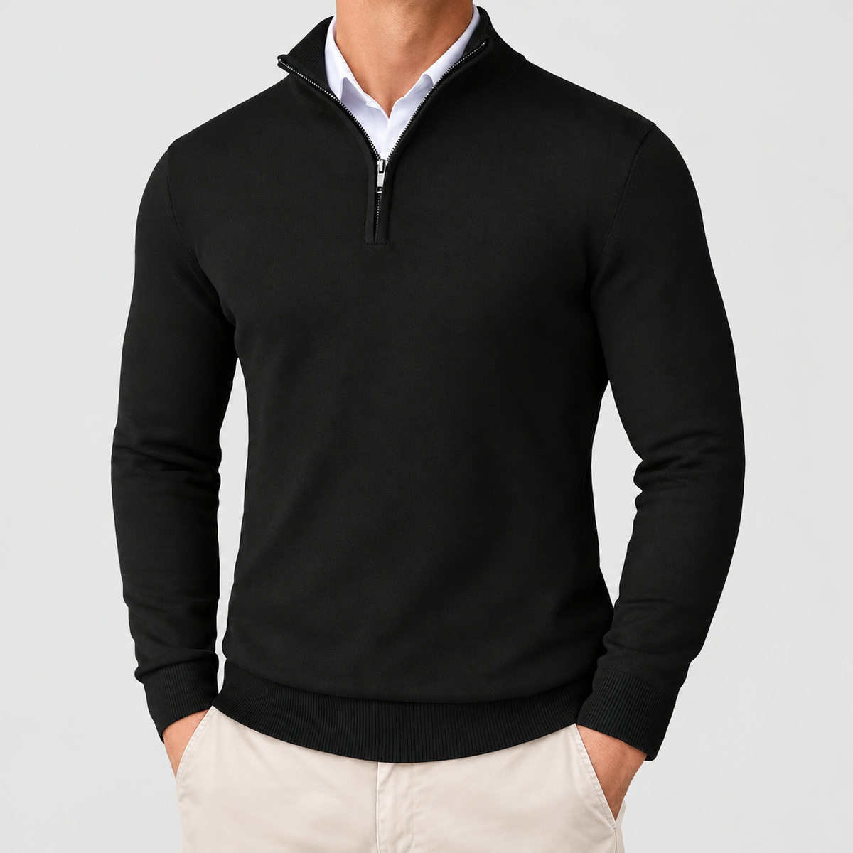 Huxley | Men’s High-Neck Quarter-Zip Knit Sweater — Black