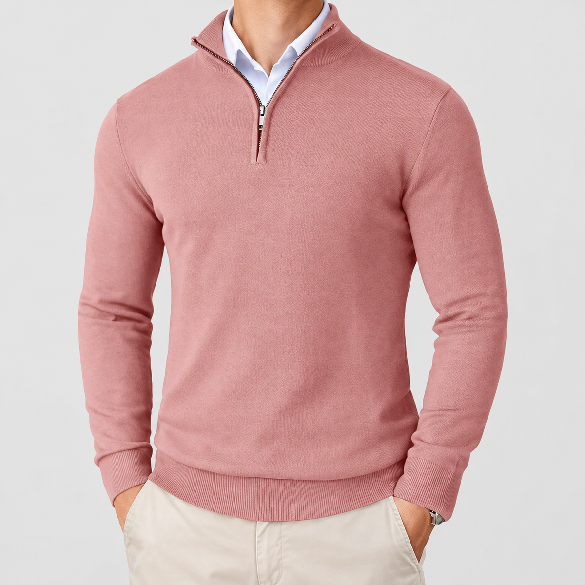 Huxley | Men’s High-Neck Quarter-Zip Knit Sweater — Pink