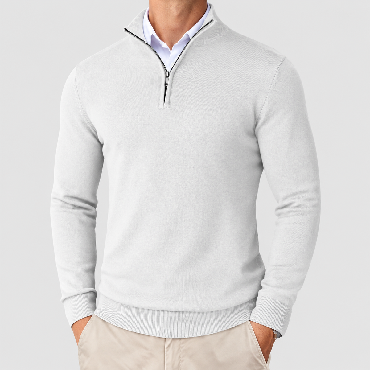 Huxley | Men’s High-Neck Quarter-Zip Knit Sweater — White