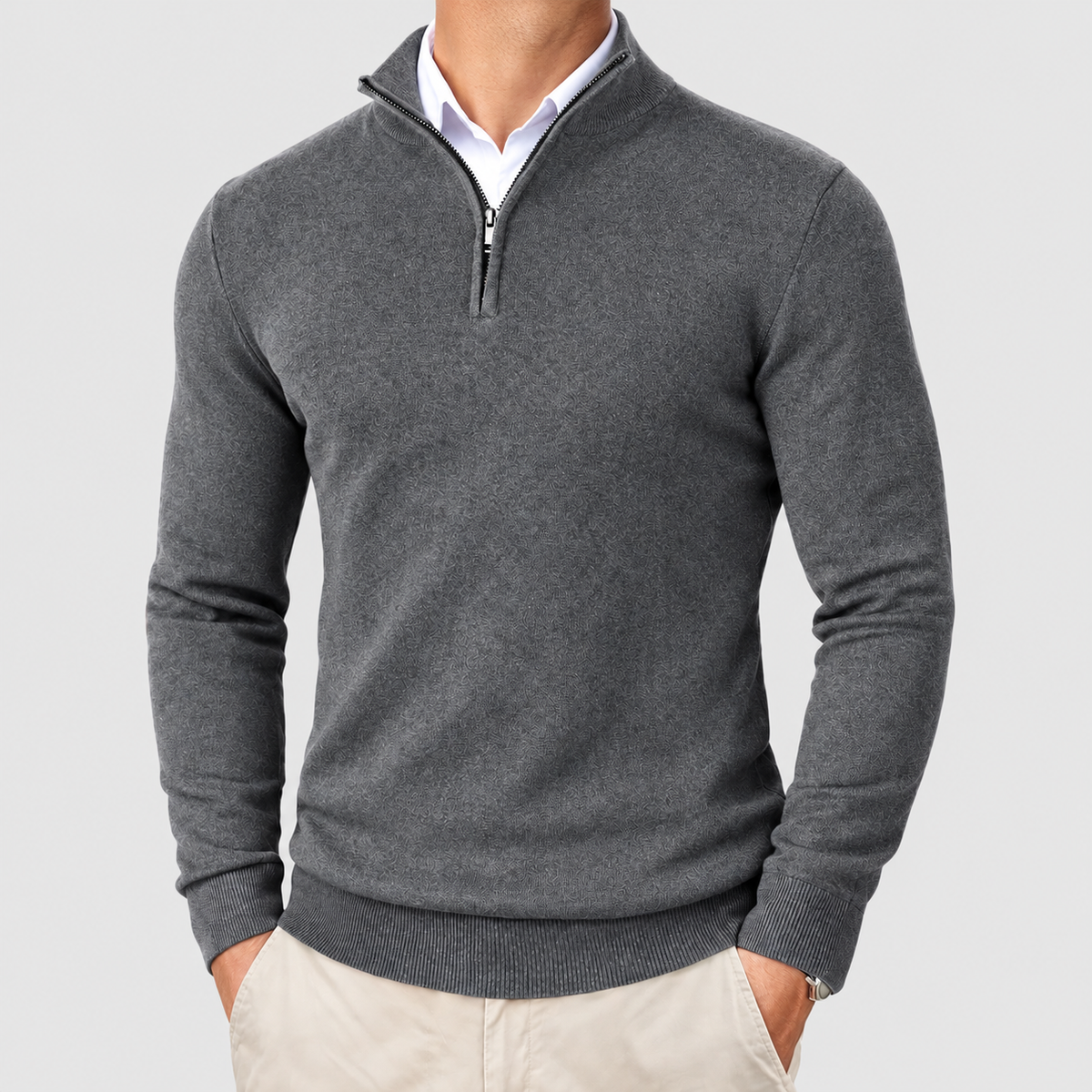 Huxley | Men’s High-Neck Quarter-Zip Knit Sweater — Silver