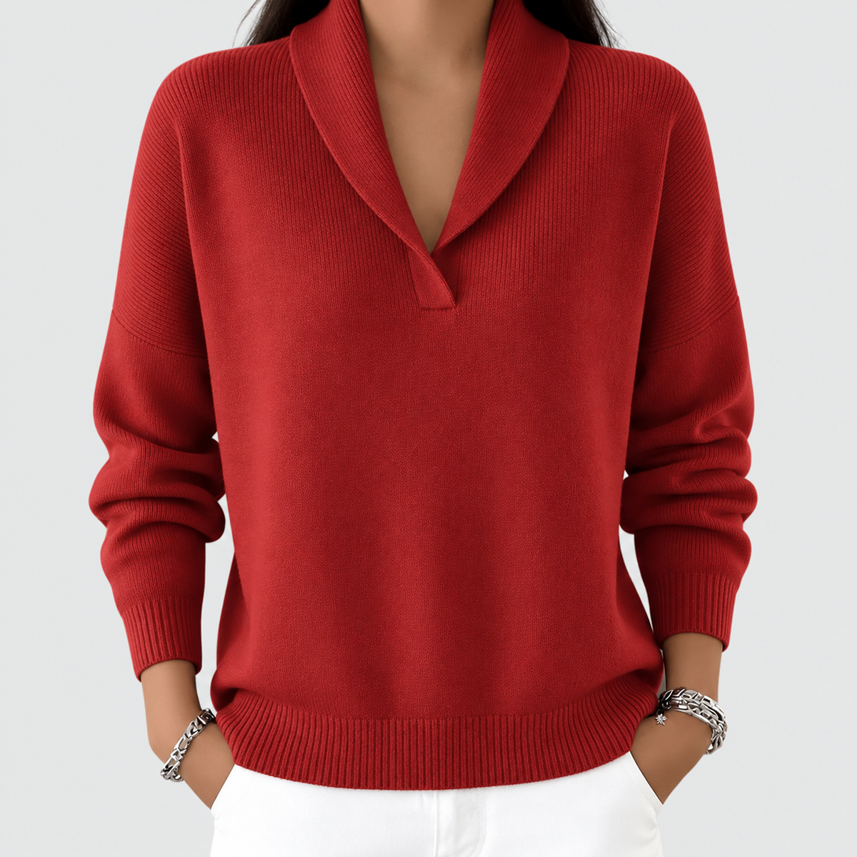 Hyacinth | Women’s Shawl V-Neck Sweater — Red
