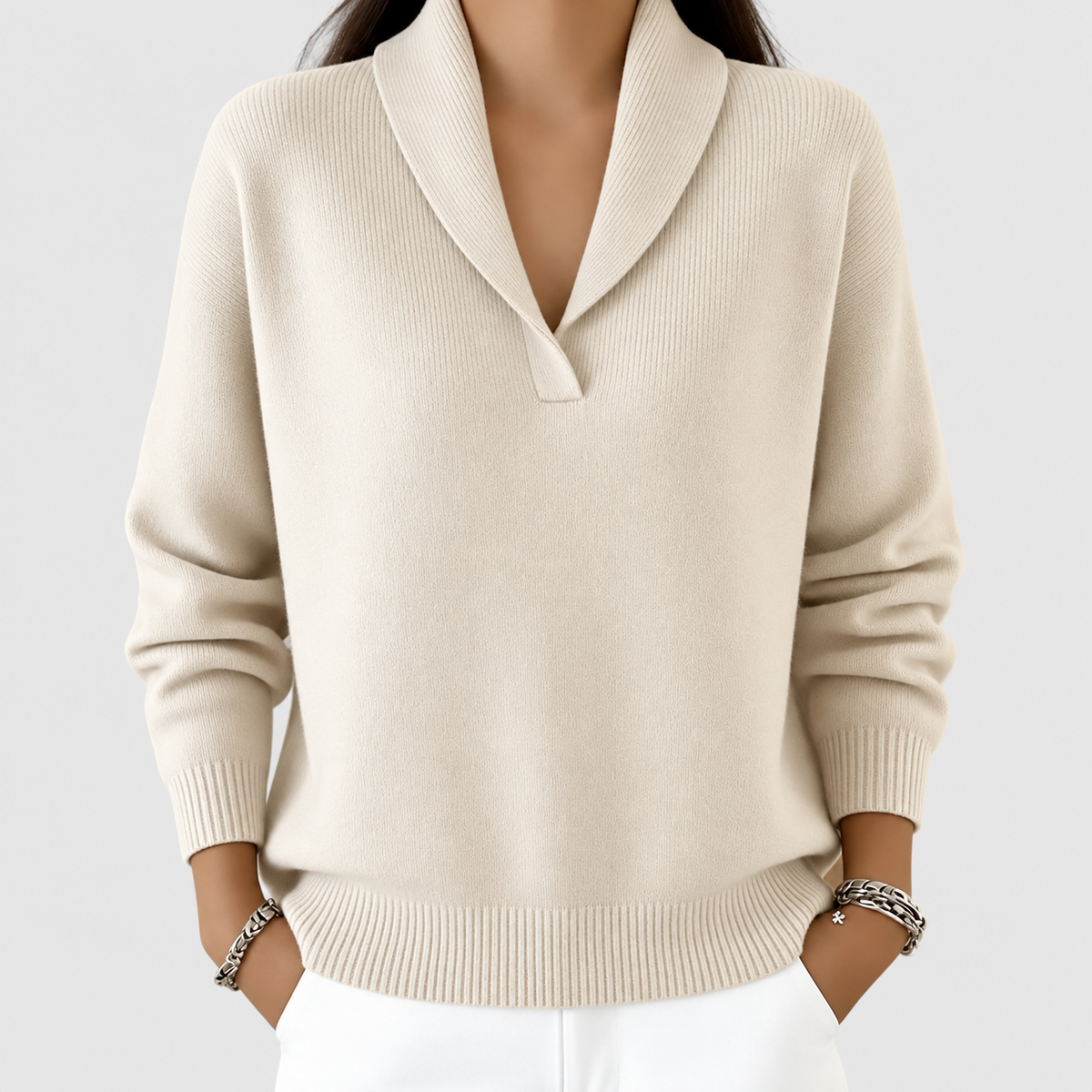 Hyacinth | Women’s Shawl V-Neck Sweater — Cream
