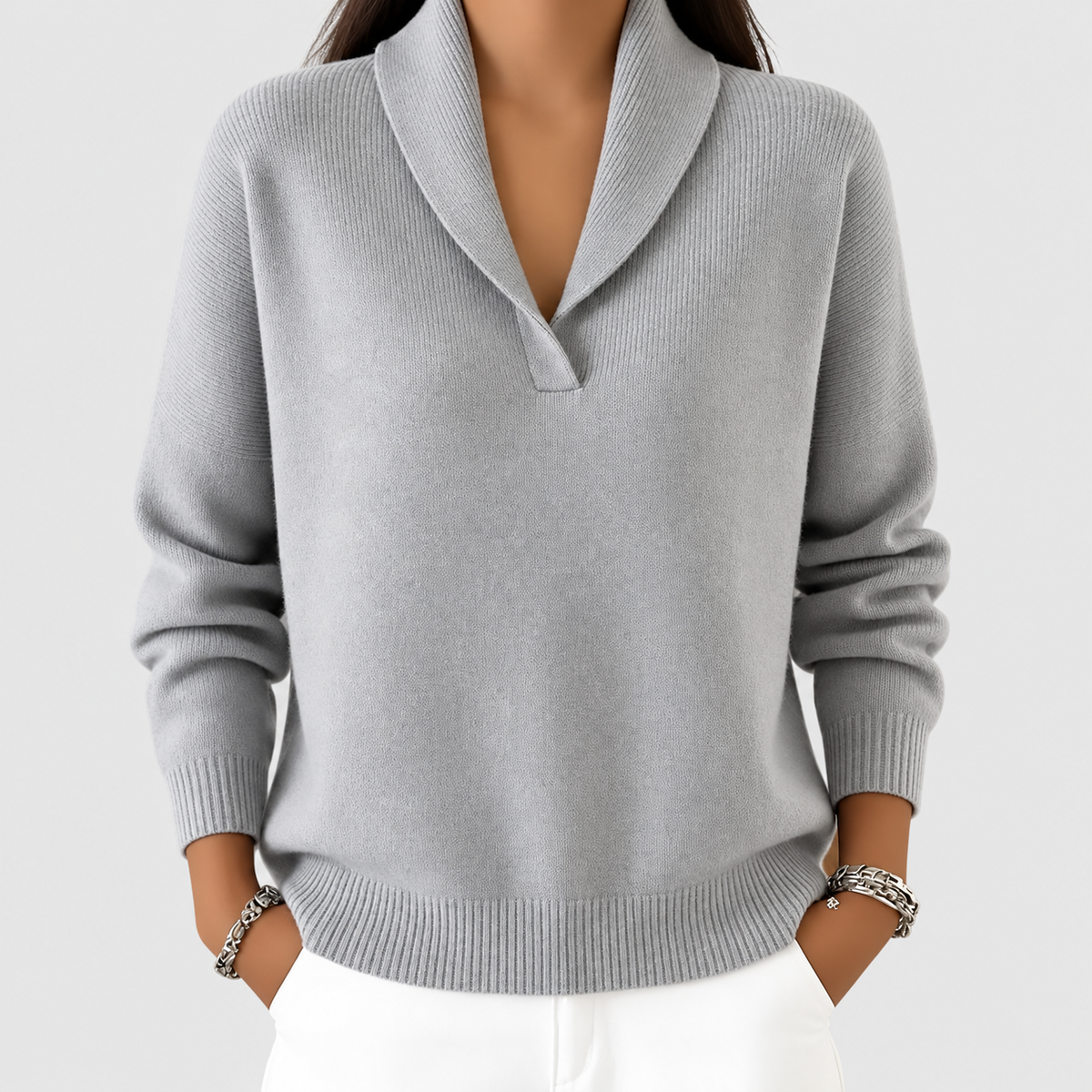 Hyacinth | Women’s Shawl V-Neck Sweater — Grey