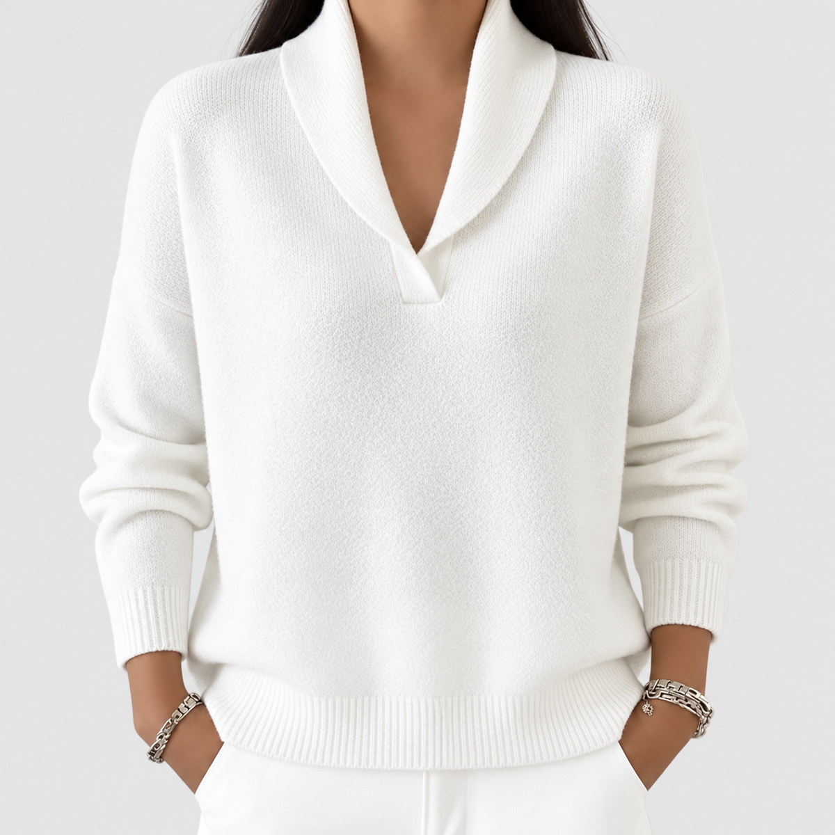 Hyacinth | Women’s Shawl V-Neck Sweater — White