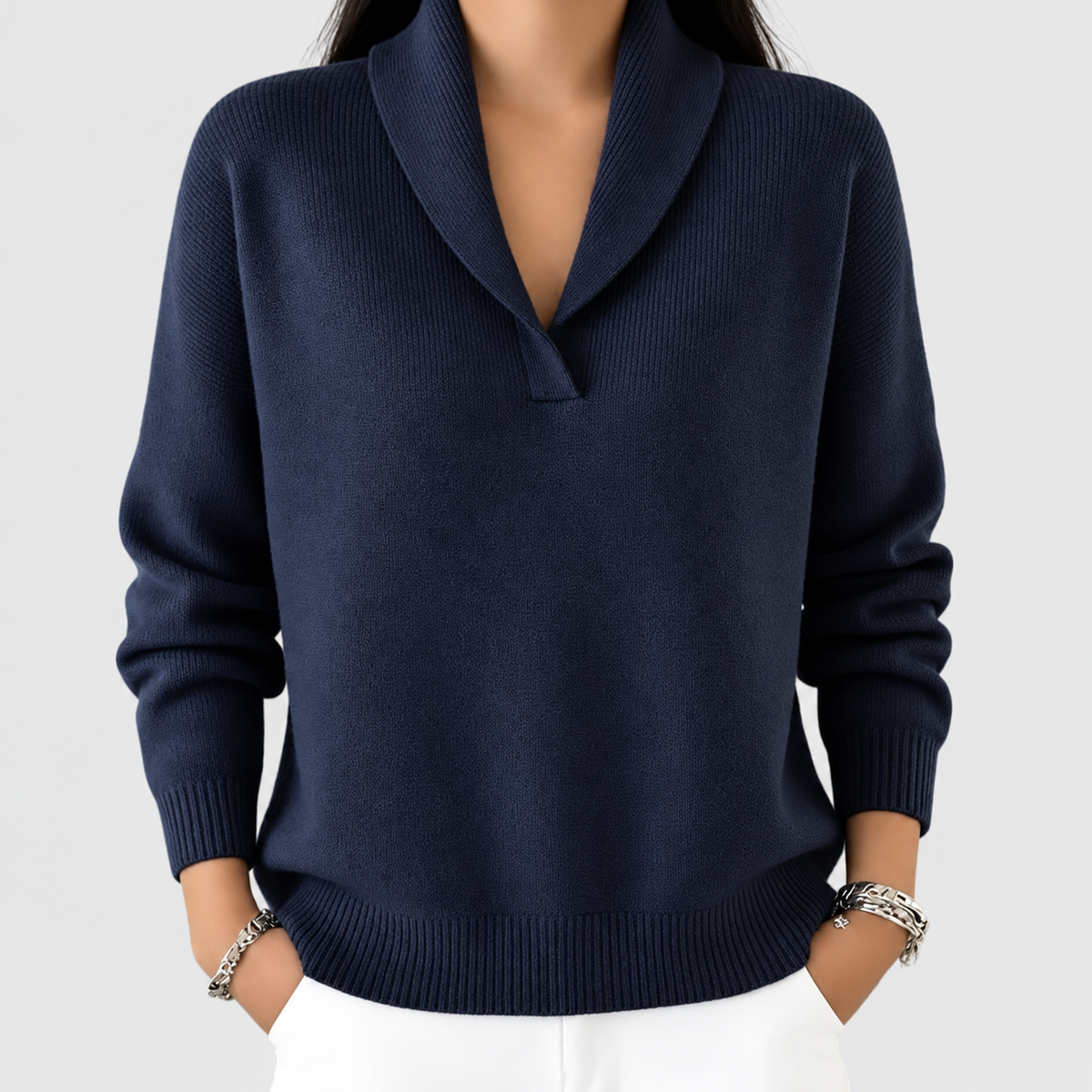 Hyacinth | Women’s Shawl V-Neck Sweater — Blue