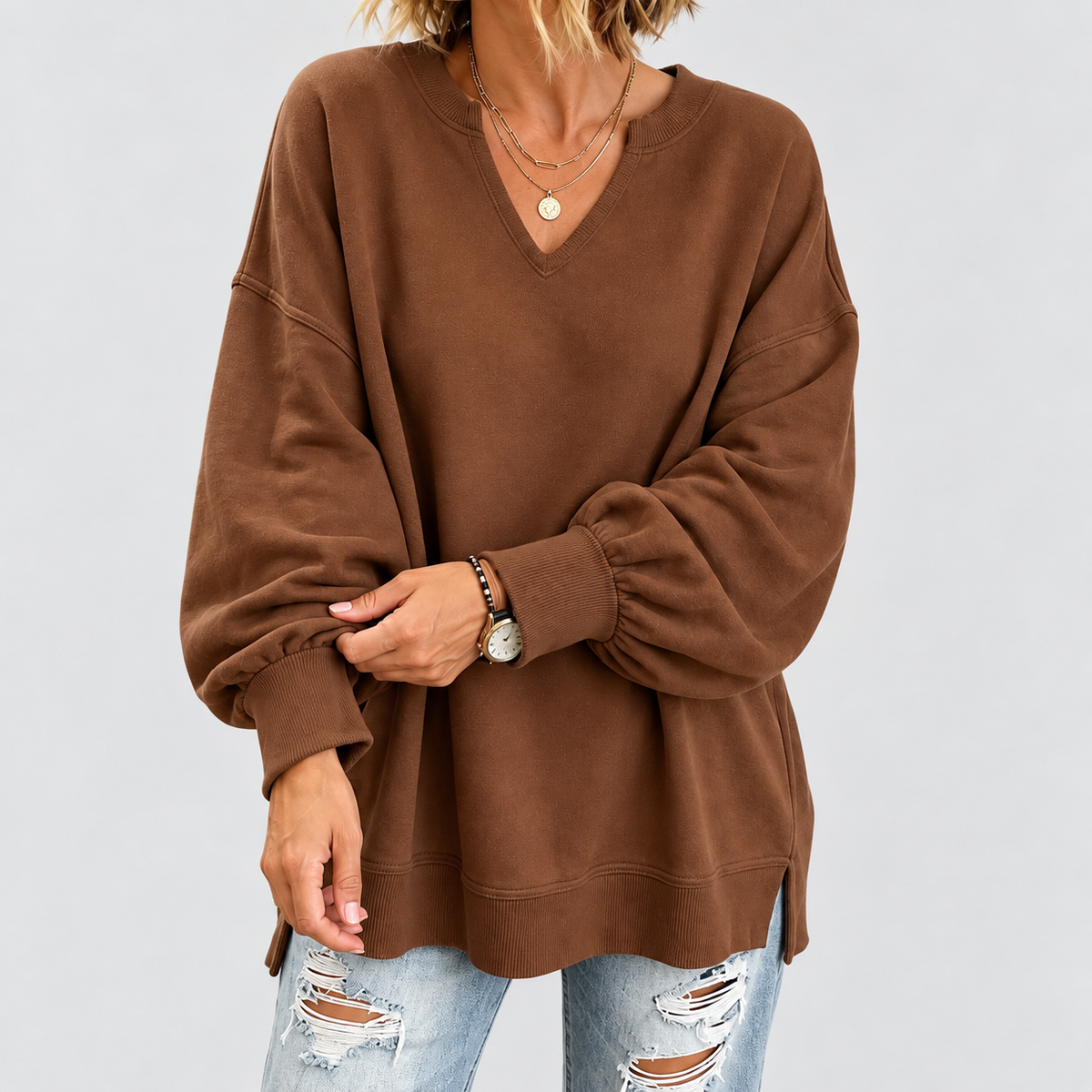Imogen | Women’s Drop-Shoulder Puff-Sleeve Split-Hem Sweatshirt — product detail 10
