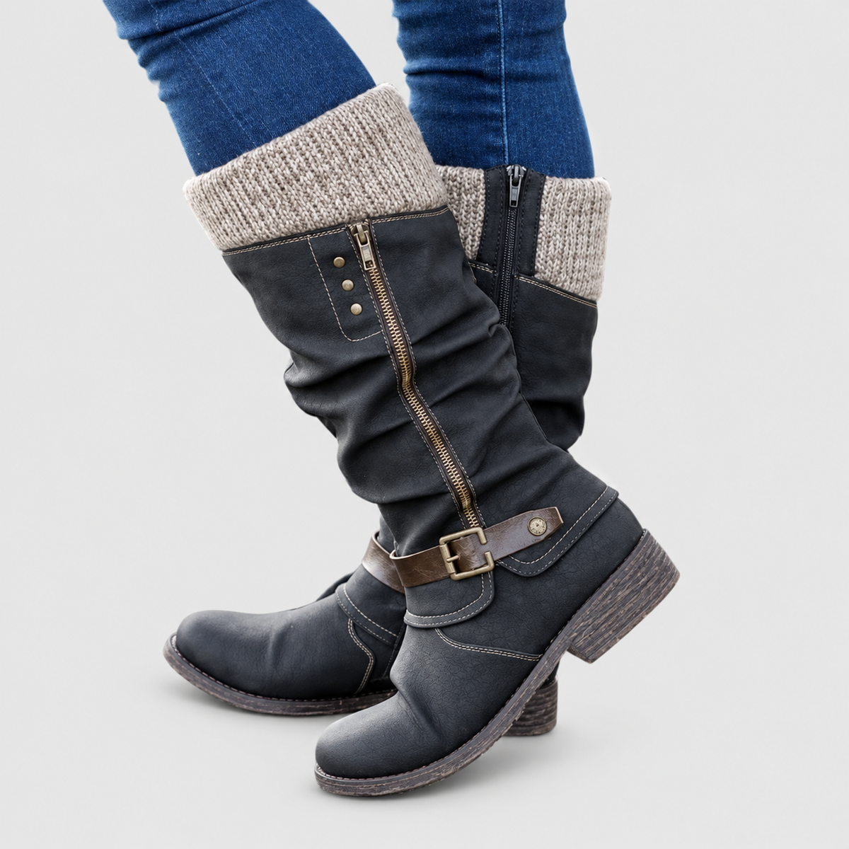 Ines | Women’s Knit-Cuff Buckle Boots — Black