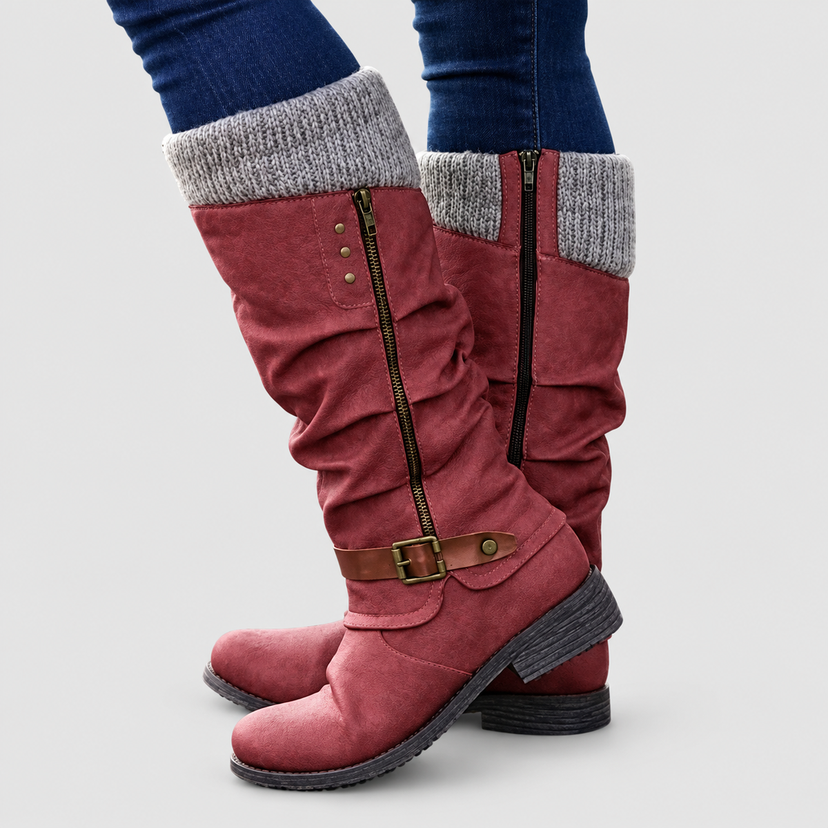 Ines | Women’s Knit-Cuff Buckle Boots — Red