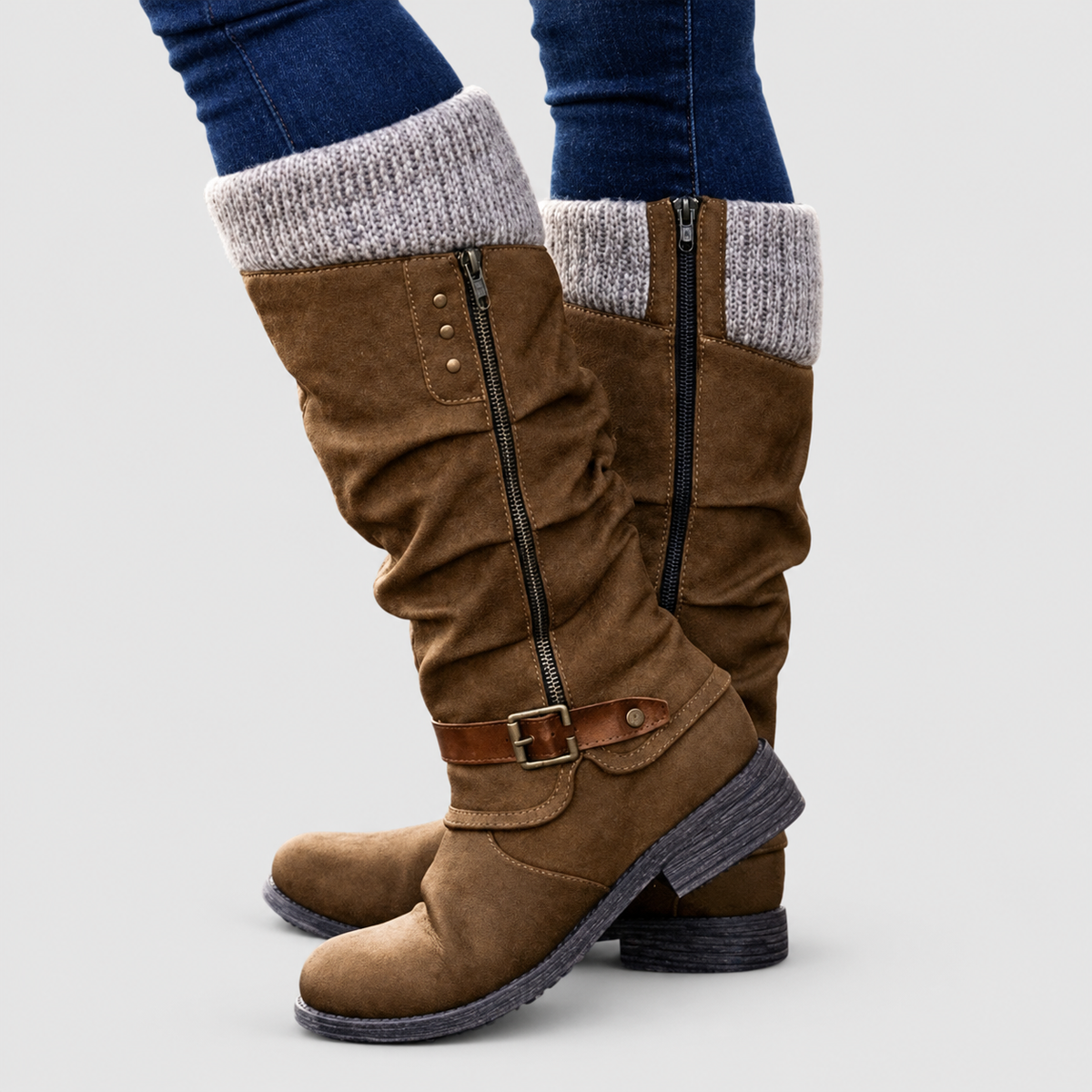 Ines | Women’s Knit-Cuff Buckle Boots — Brown