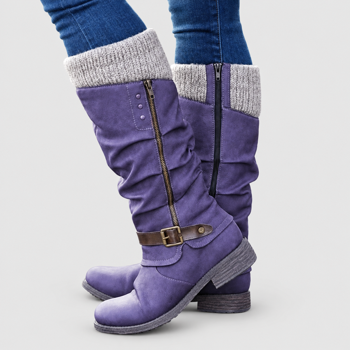 Ines | Women’s Knit-Cuff Buckle Boots — Purple