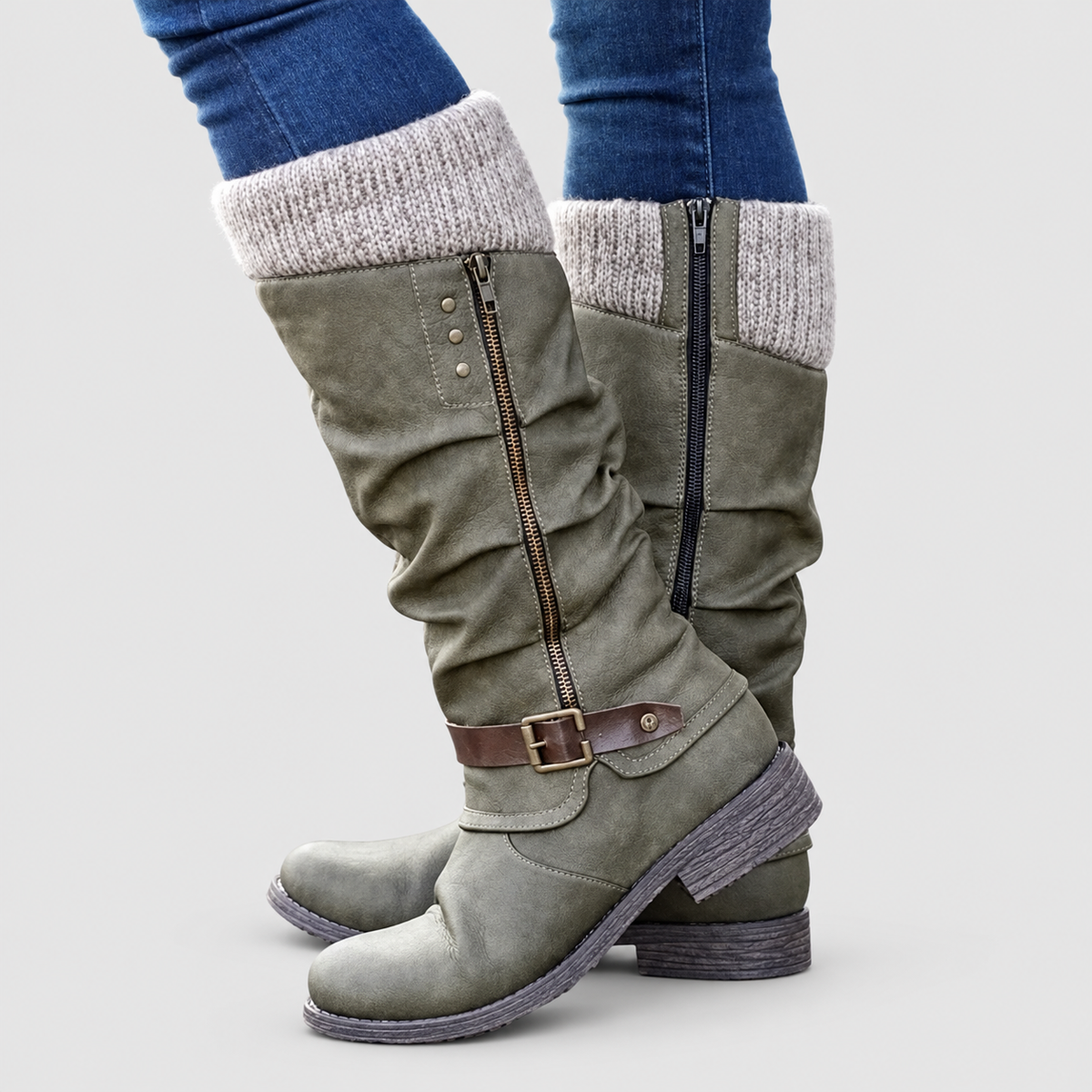 Ines | Women’s Knit-Cuff Buckle Boots — Grey