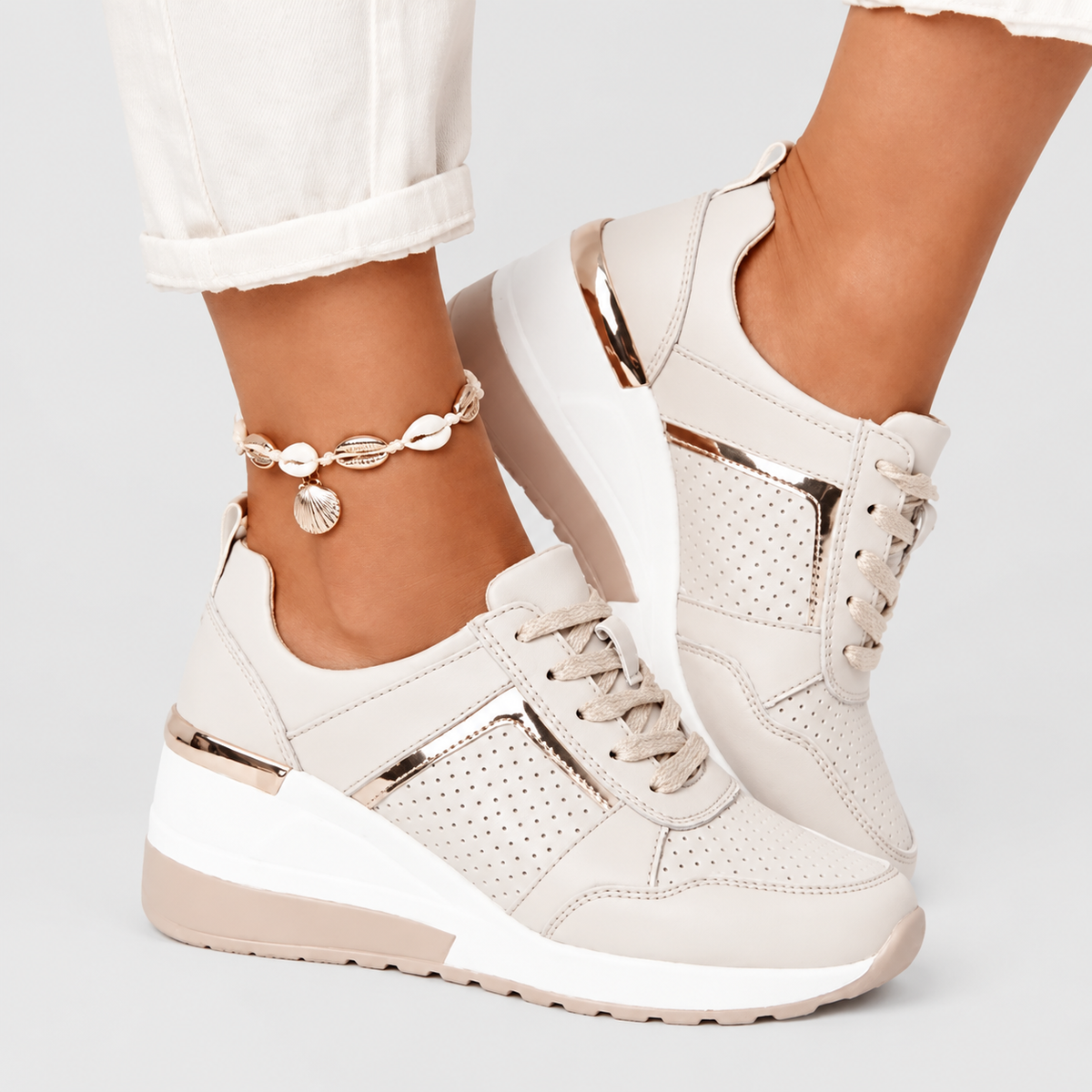 Iona | Women’s Lace-Up Shoes with Side Zipper — Beige