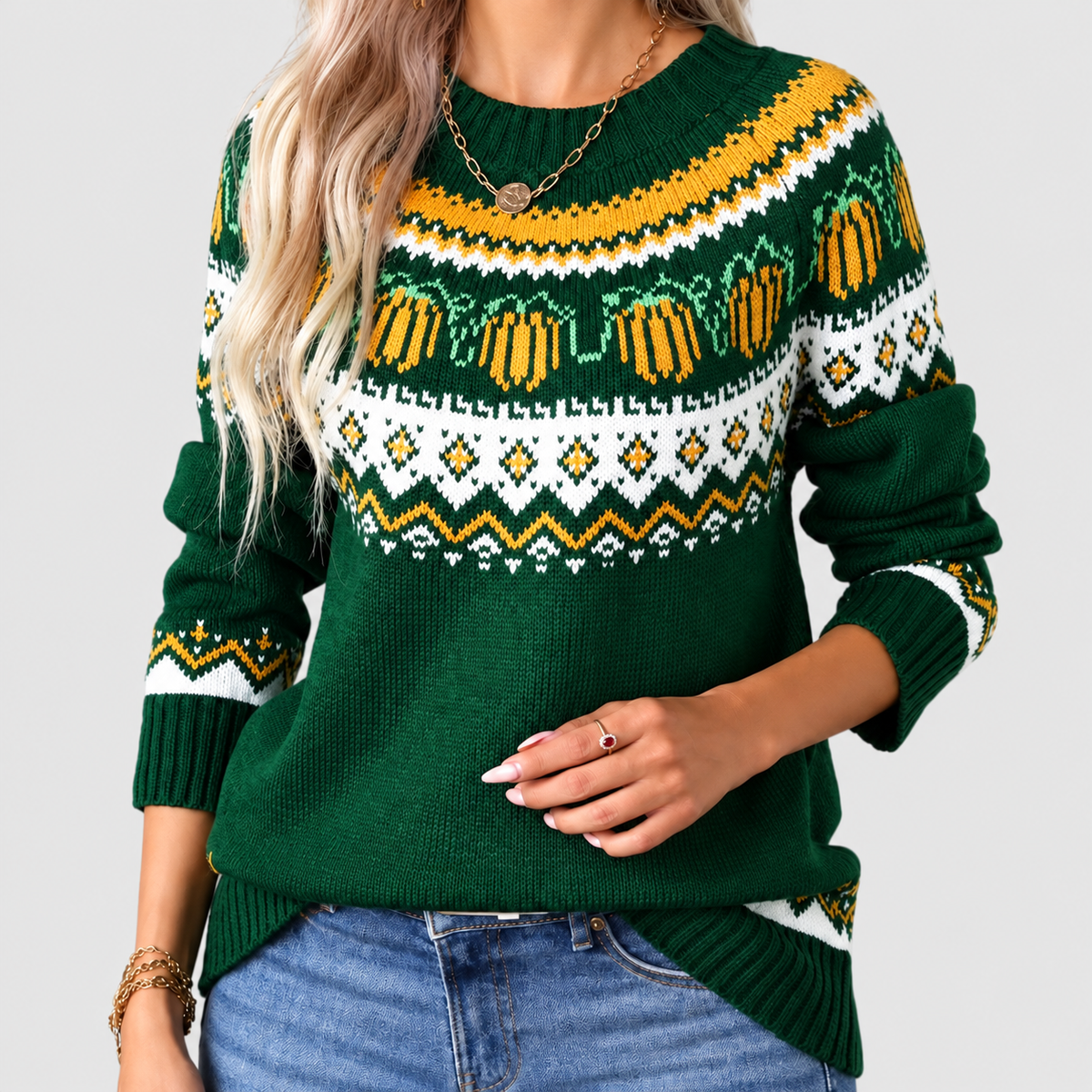 Ione-Rose | Women’s Round-Neck Pumpkin-Pattern Sweater — Green