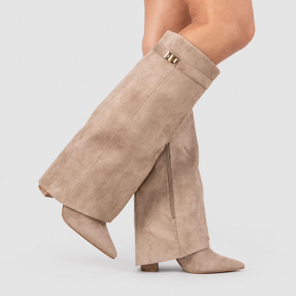 Isaline-Rose | Women’s Pointed-Toe Knee-High Boots with Block Heels — Beige