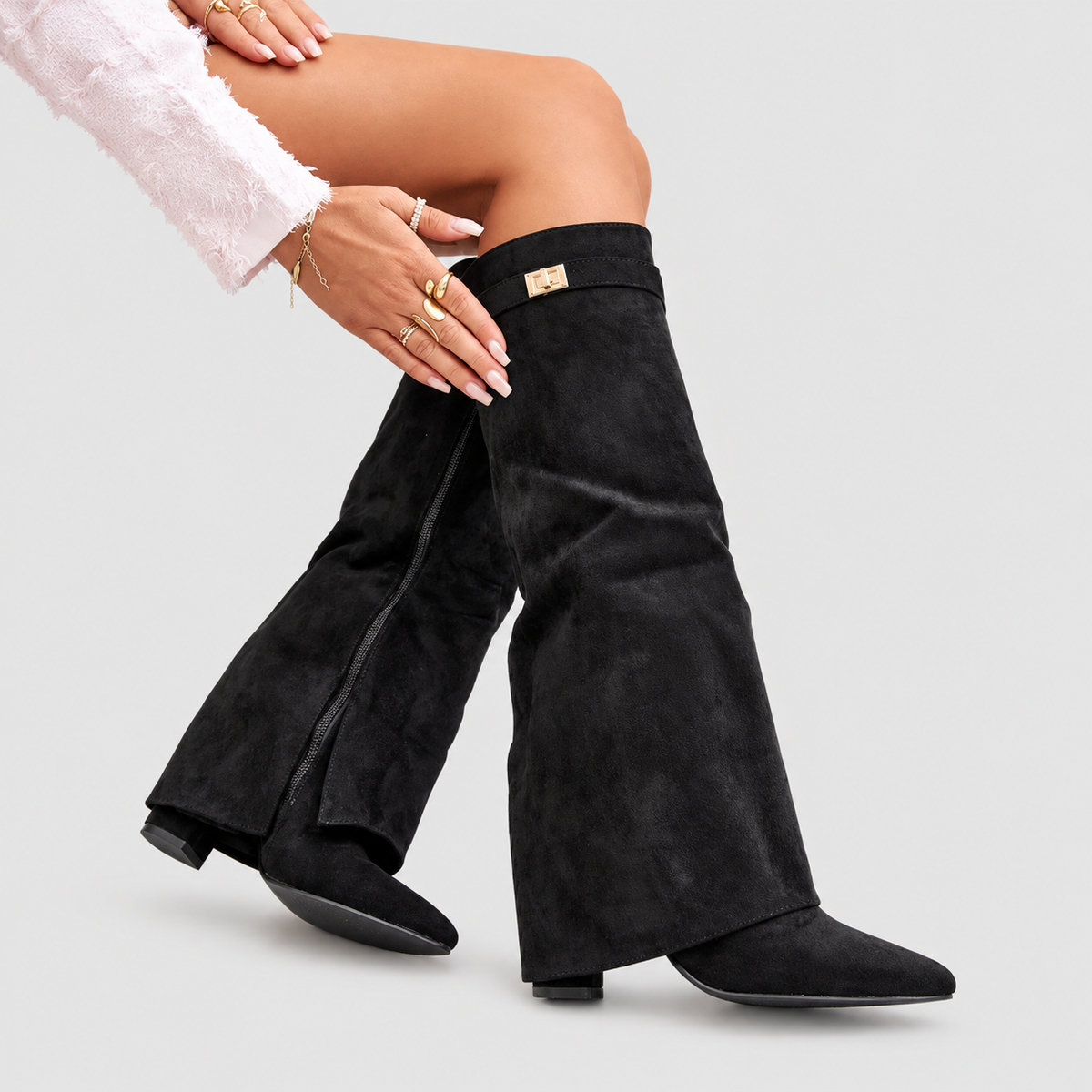 Isaline-Rose | Women’s Pointed-Toe Knee-High Boots with Block Heels — Black