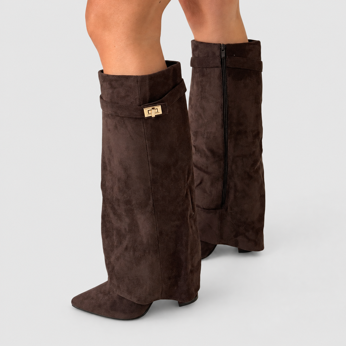 Isaline-Rose | Women’s Pointed-Toe Knee-High Boots with Block Heels — Brown