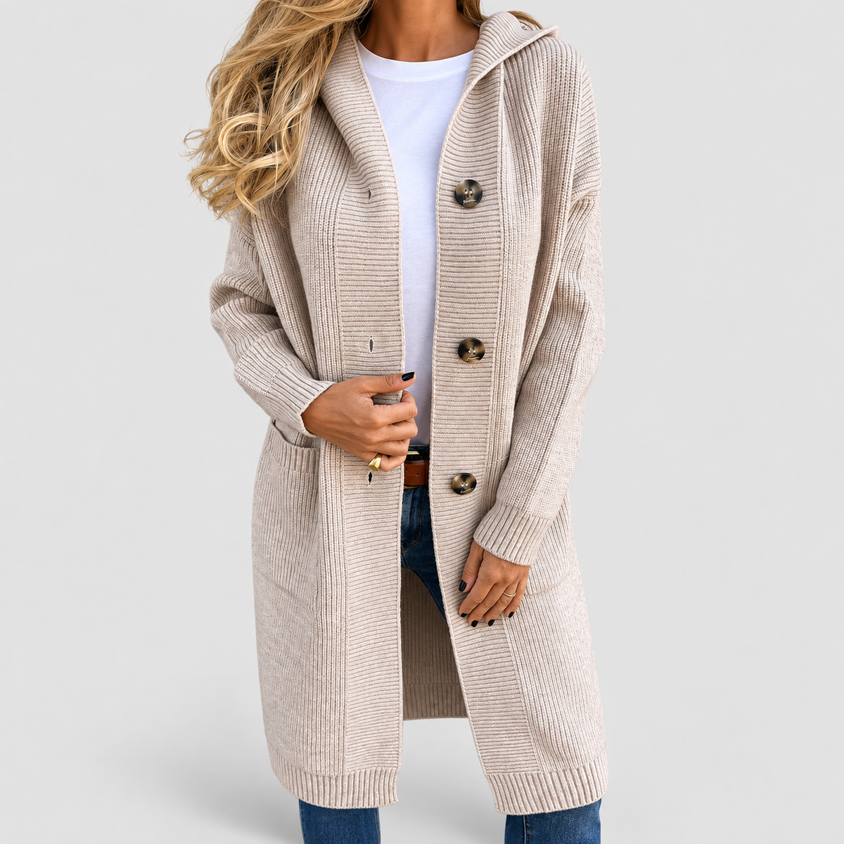 Ivana | Women’s Long Knit Cardigan — Beige