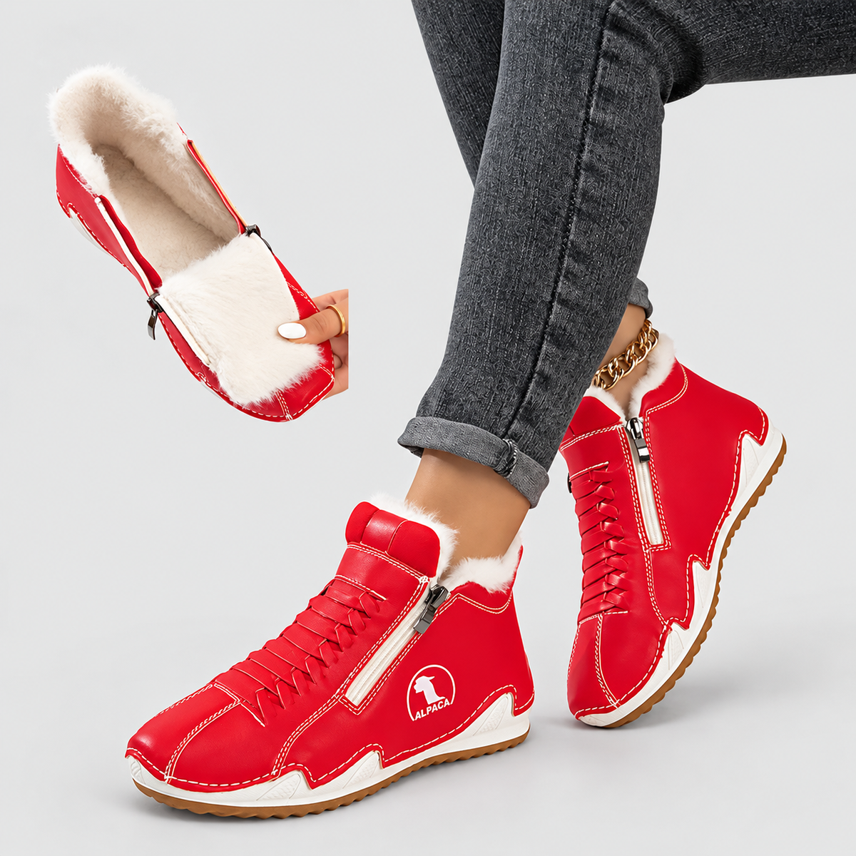 Ivania | Women’s Faux-Fur-Lined Lace-Up Ankle Boots — Red