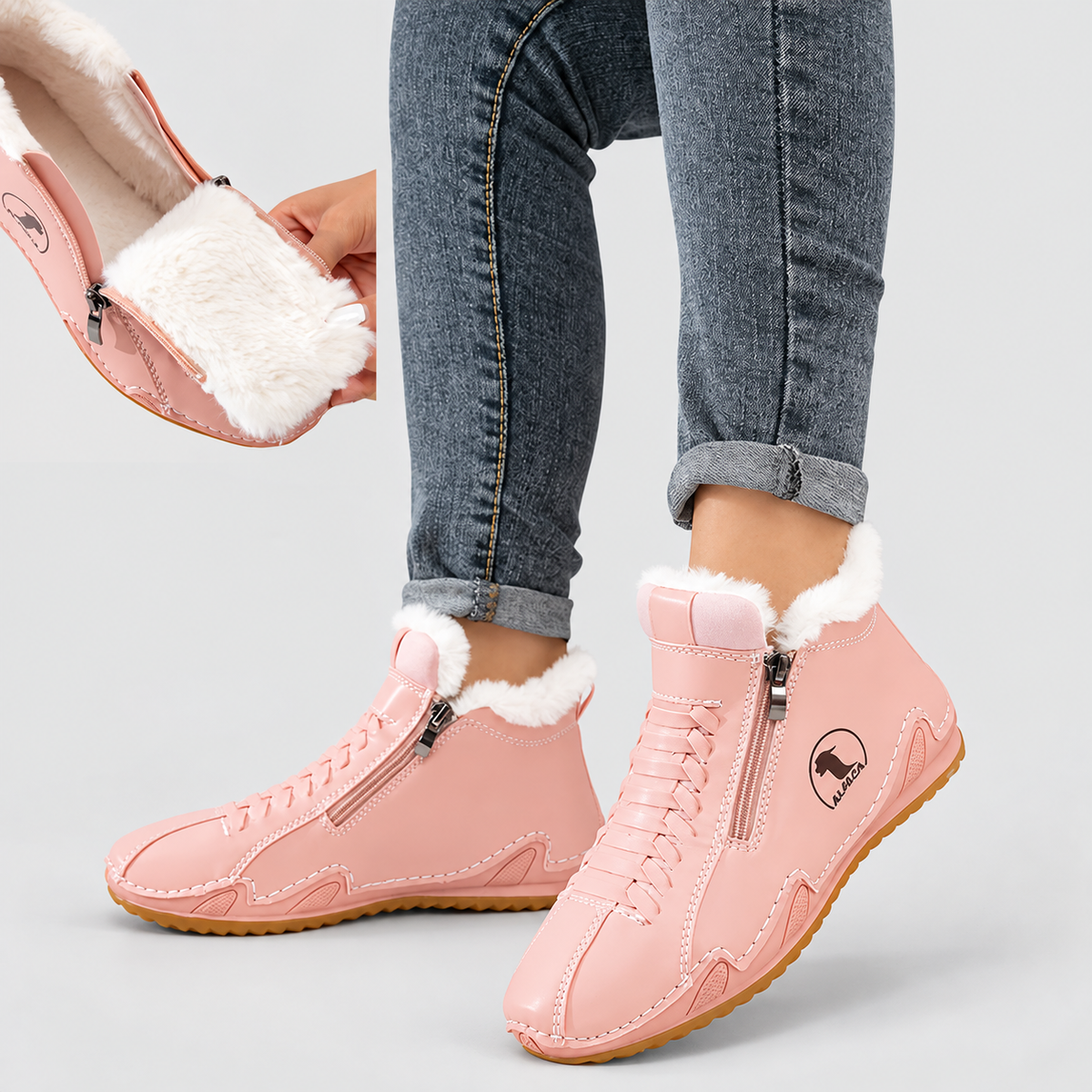Ivania | Women’s Faux-Fur-Lined Lace-Up Ankle Boots — Pink