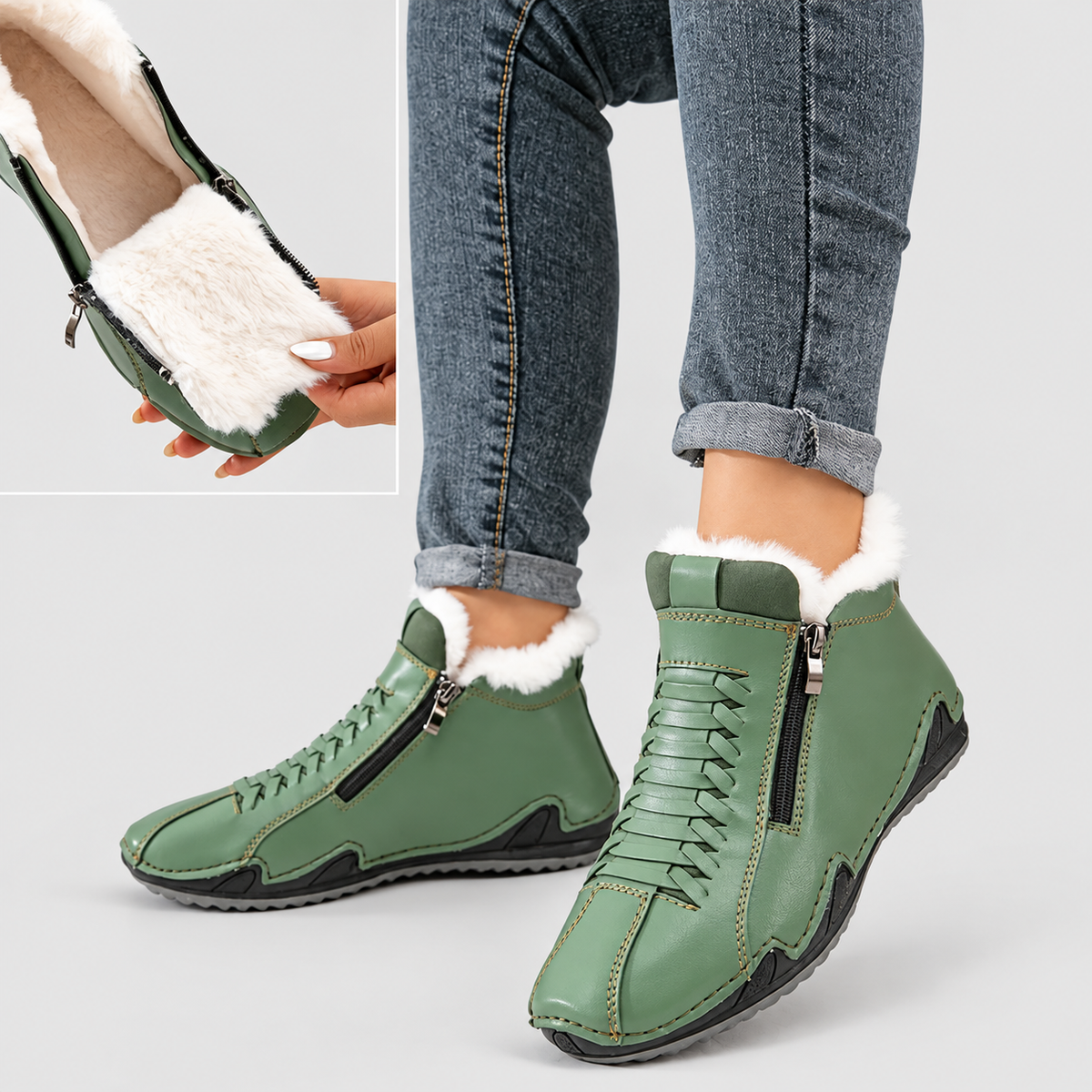 Ivania | Women’s Faux-Fur-Lined Lace-Up Ankle Boots — Green
