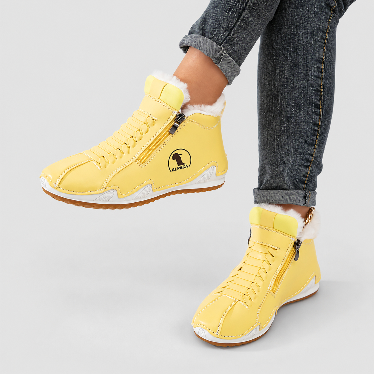 Ivania | Women’s Faux-Fur-Lined Lace-Up Ankle Boots — Yellow