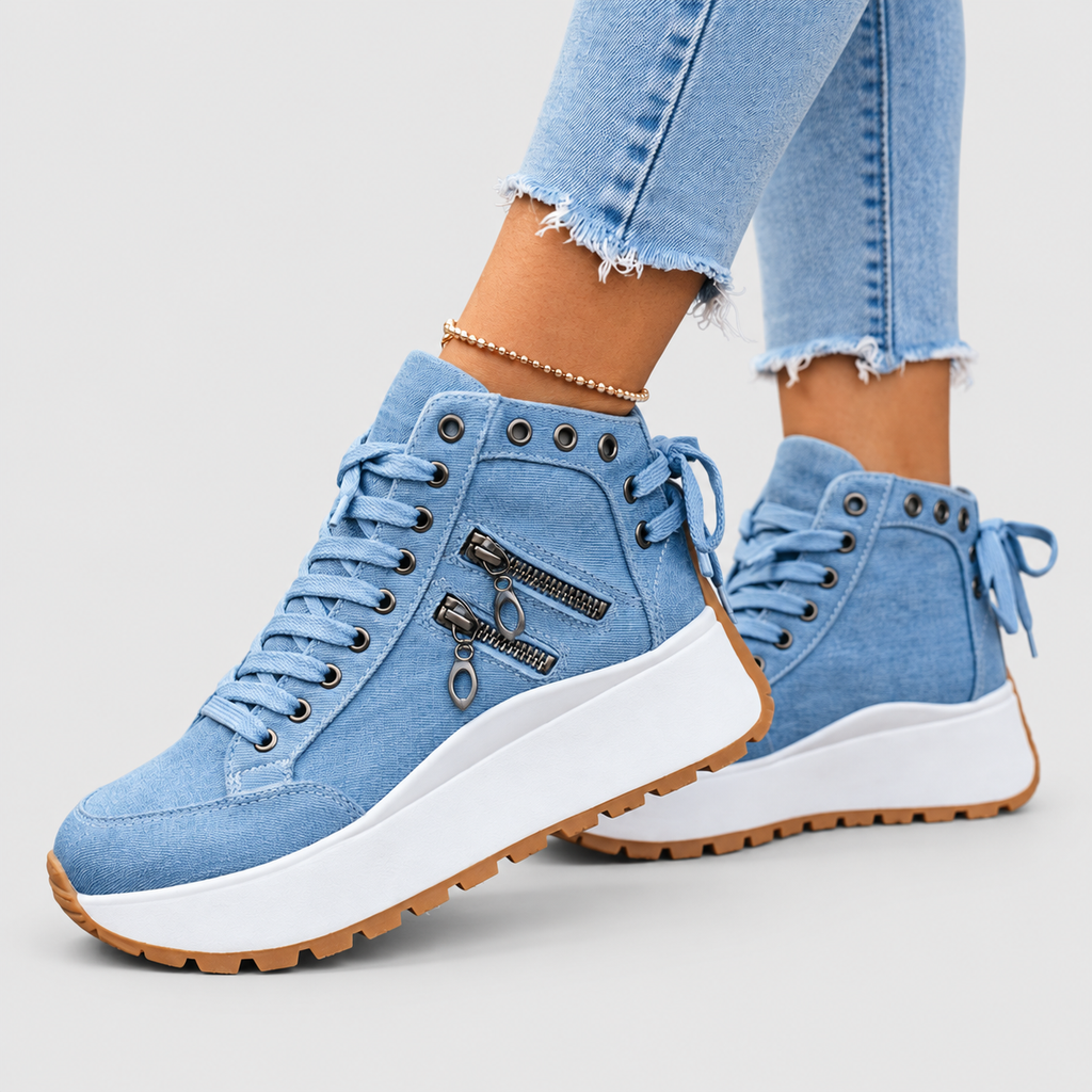 Jasmina-Rose | Women’s Denim-Look Platform Sneakers with Zip Details — Blue