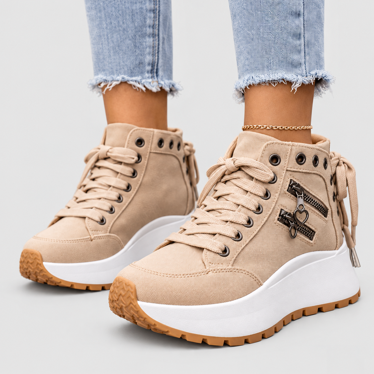 Jasmina-Rose | Women’s Denim-Look Platform Sneakers with Zip Details — Khaki