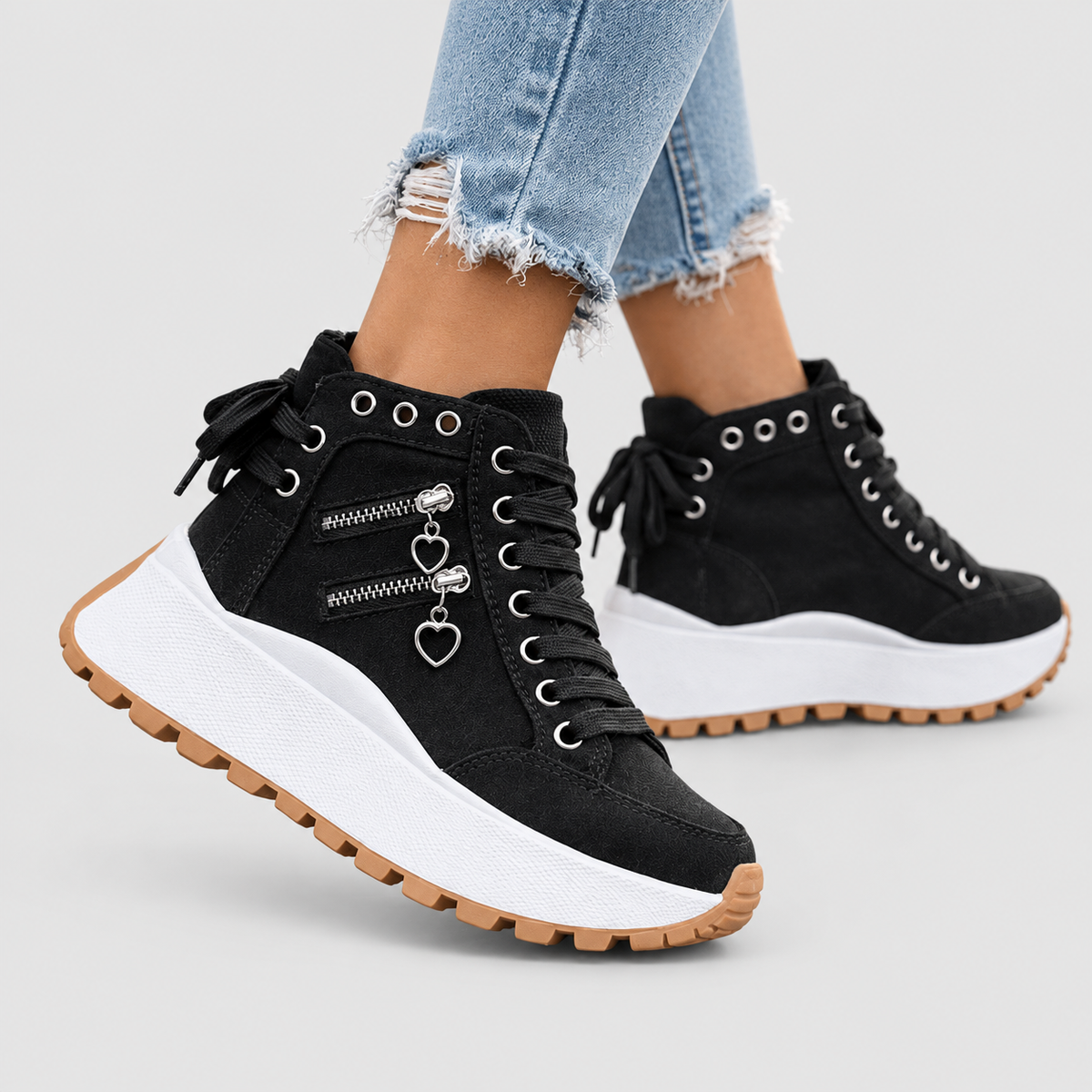 Jasmina-Rose | Women’s Denim-Look Platform Sneakers with Zip Details — Black