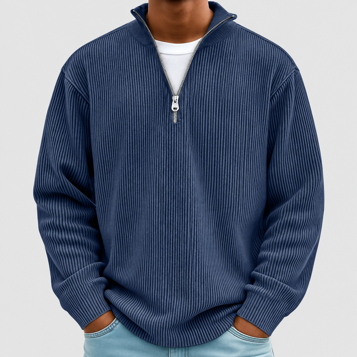 Jasper | Men’s Ribbed Half-Zip Sweater — Navy Blue