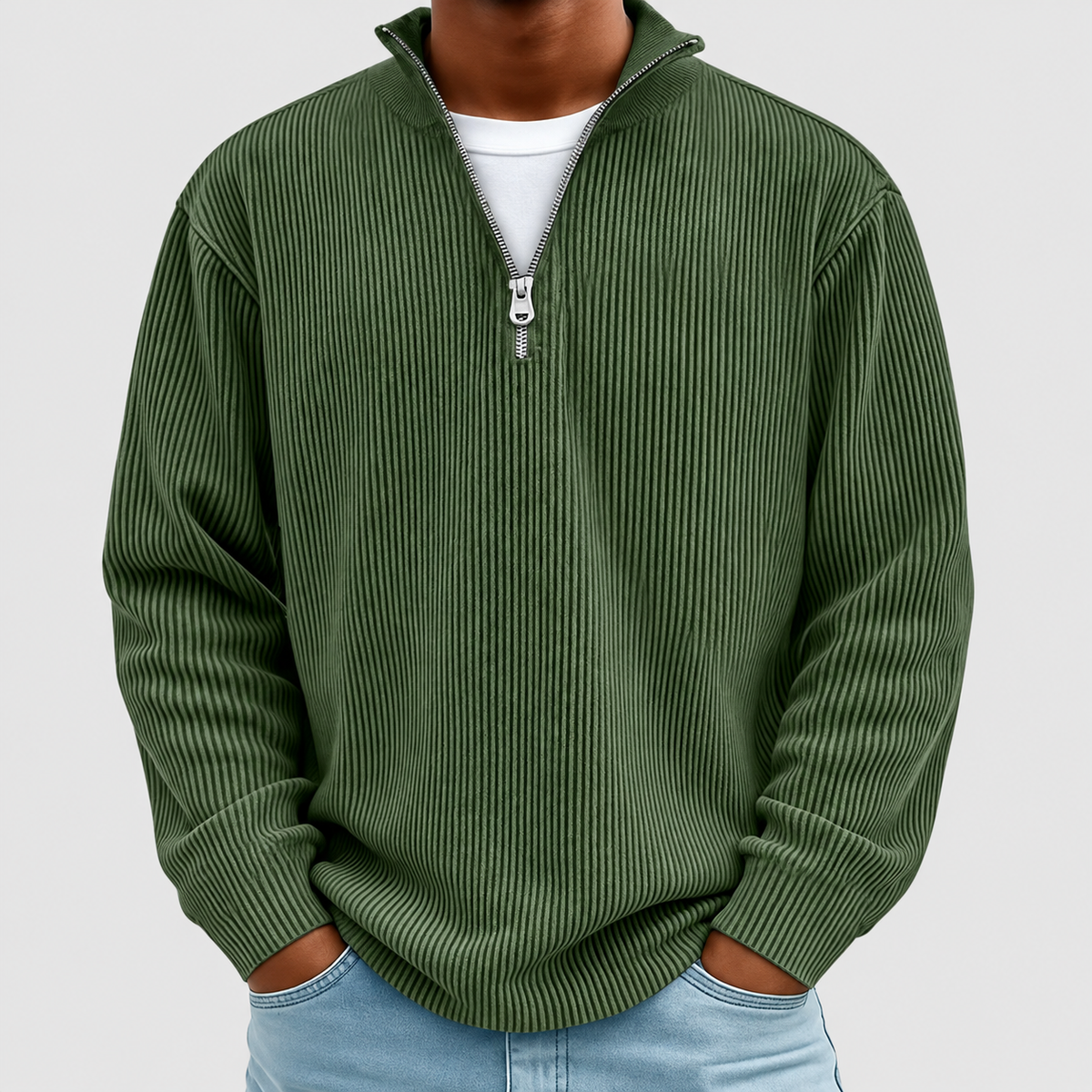 Jasper | Men’s Ribbed Half-Zip Sweater — Army Green