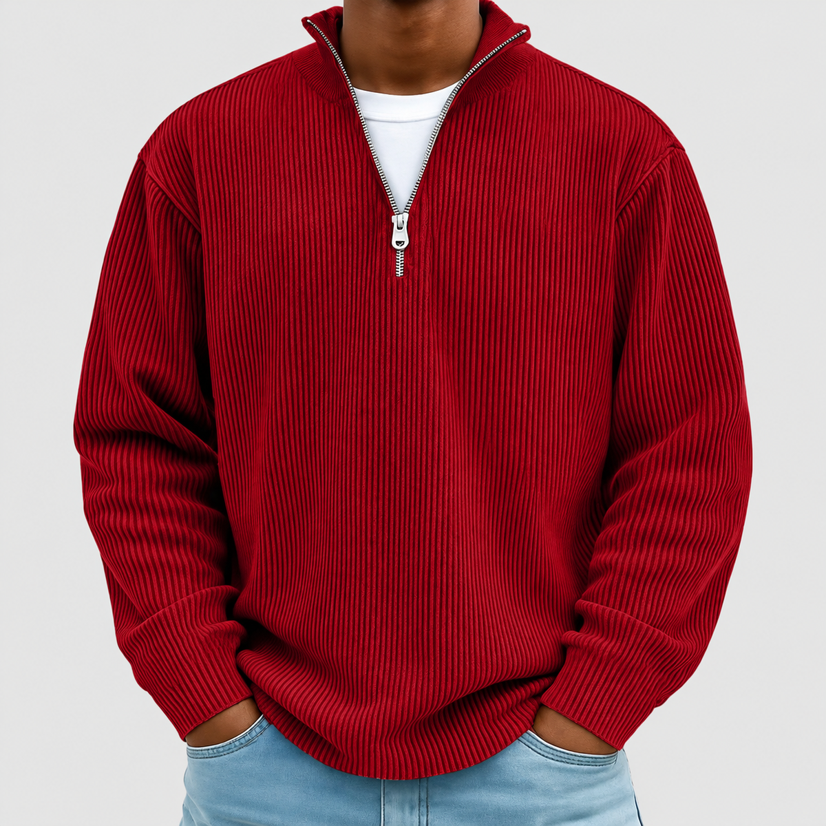 Jasper | Men’s Ribbed Half-Zip Sweater — Red